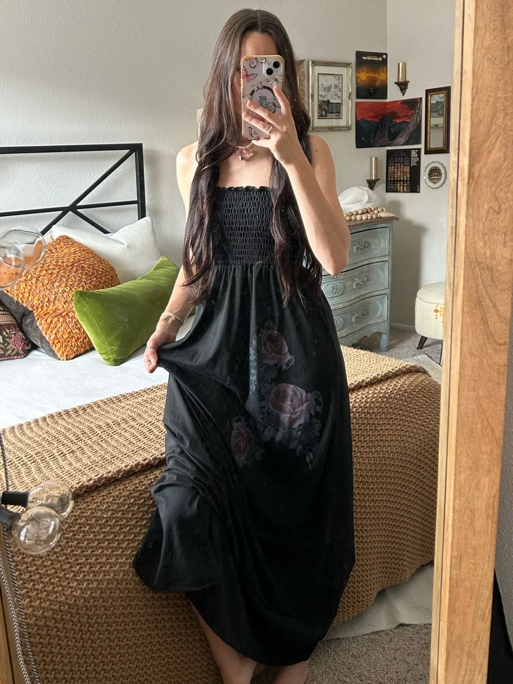 Vintage Y2K Whimsigoth Goth Rose Strapless Maxi Dress Grunge Size L Stretchy